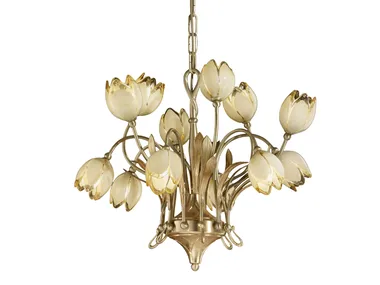 TULIPANI 319/6+6 - Satin french gold/gold leaf chandelier with glass _ Possoni Illuminazione